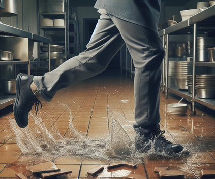 a server walking through a puddle in the kitchen caused by broken tile